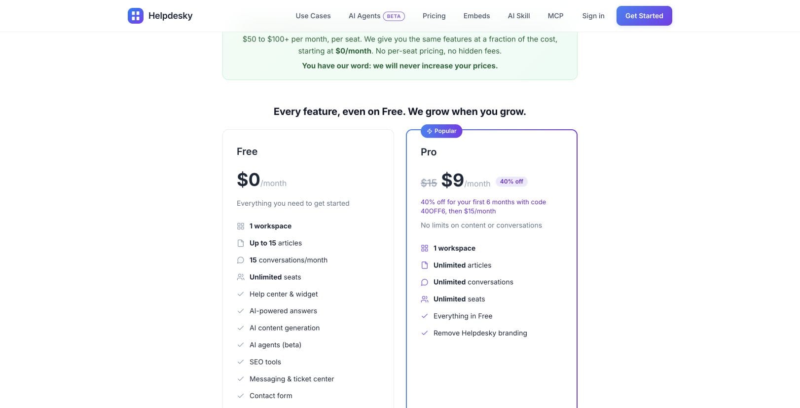 HelpDesky Free and Pro pricing cards showing the current six month Pro offer