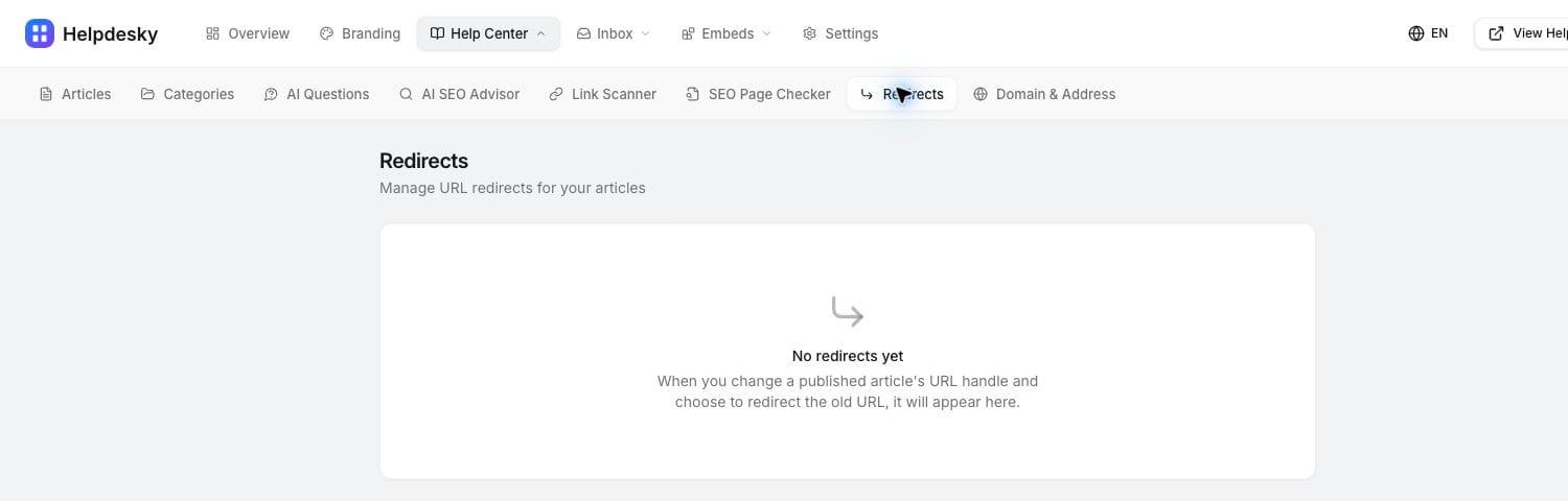 HelpDesky demo Redirects page explaining that redirects appear after changing a published article URL handle and choosing to redirect the old URL