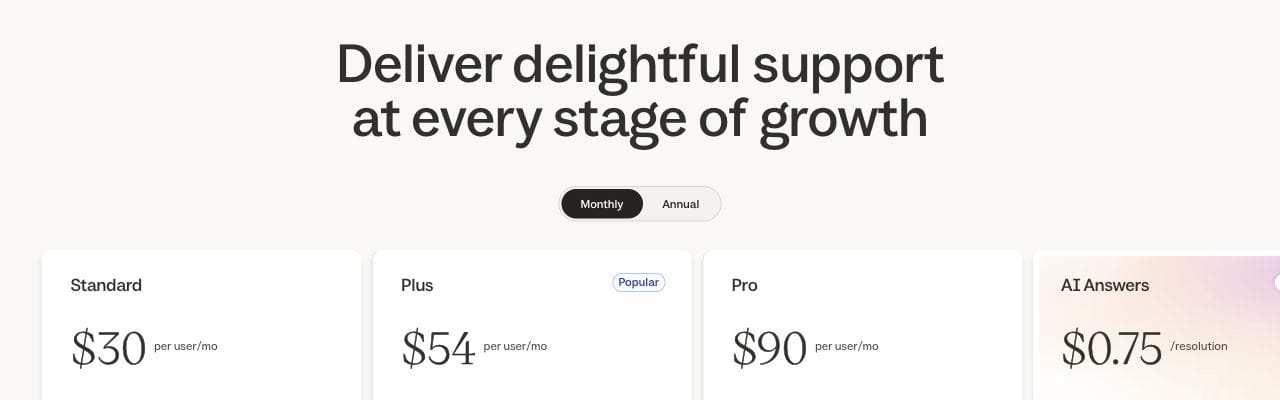 Help Scout monthly pricing selected, showing Standard at 30 dollars, Plus at 54 and Pro at 90 per user