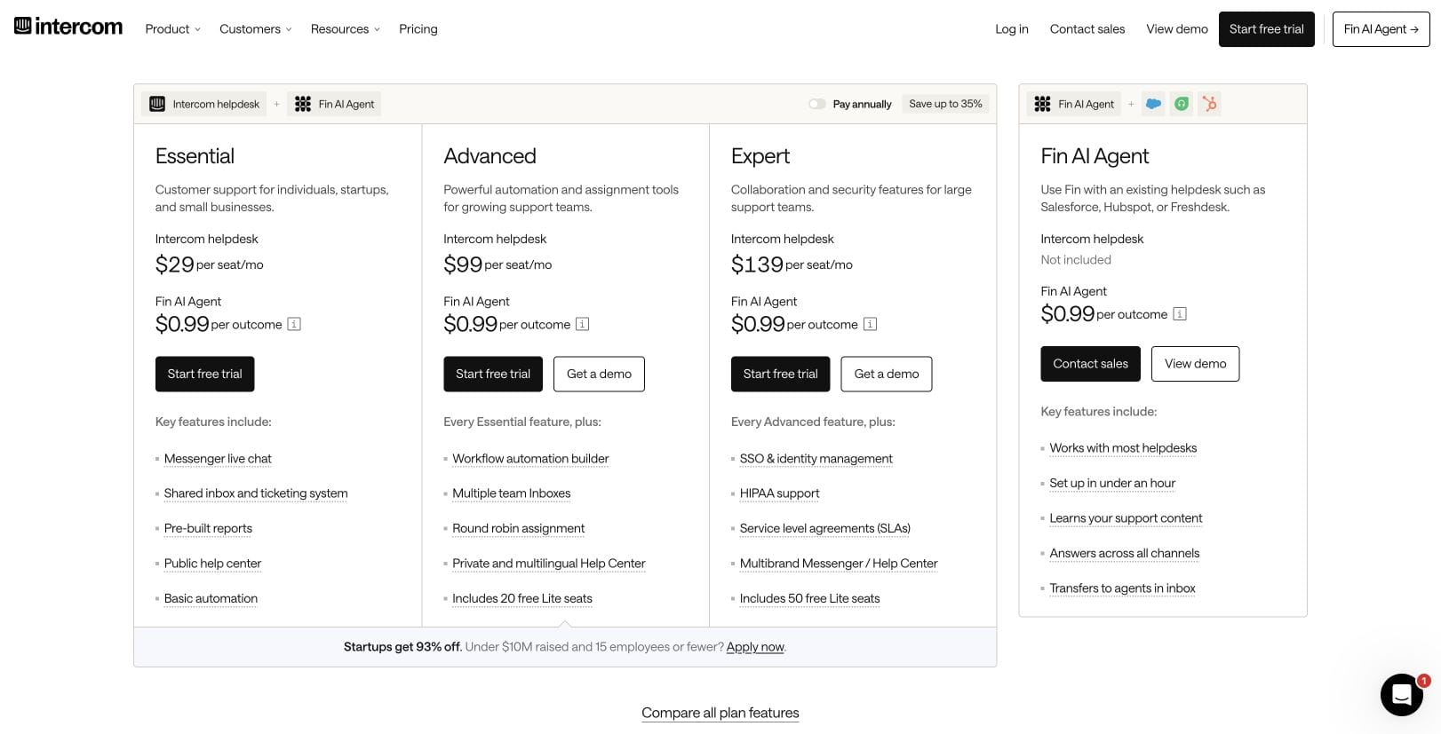 Intercom monthly pricing with Essential at 29 dollars per seat and Fin at 99 cents per outcome