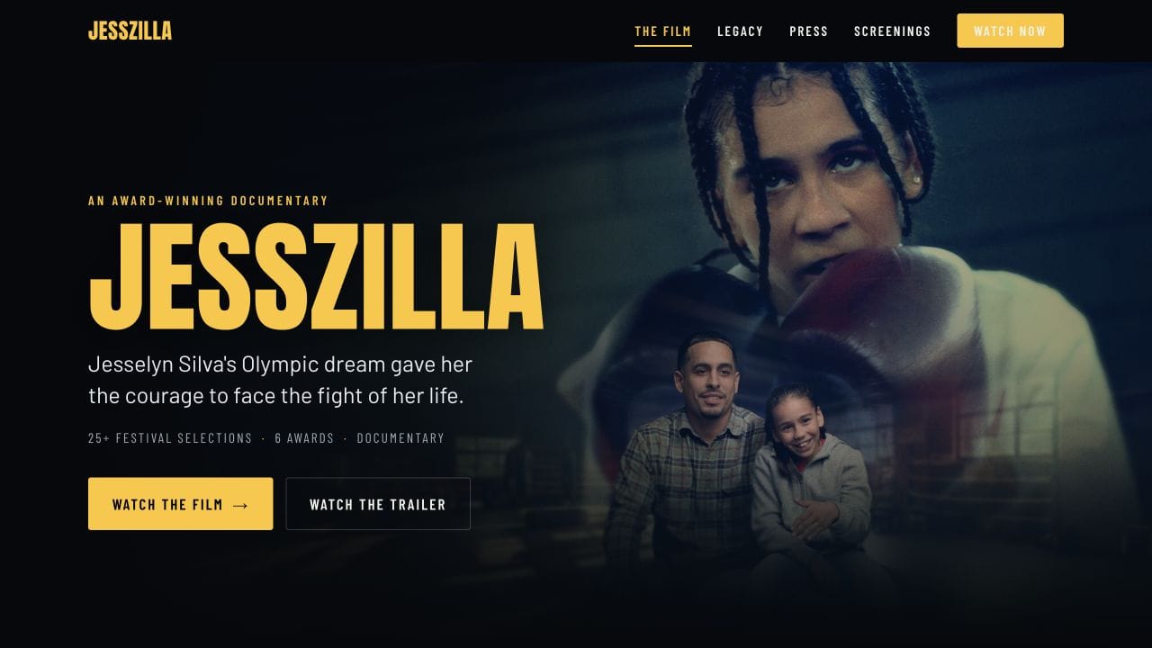 JessZilla homepage showing its central characters, a short story sentence and separate film and trailer buttons