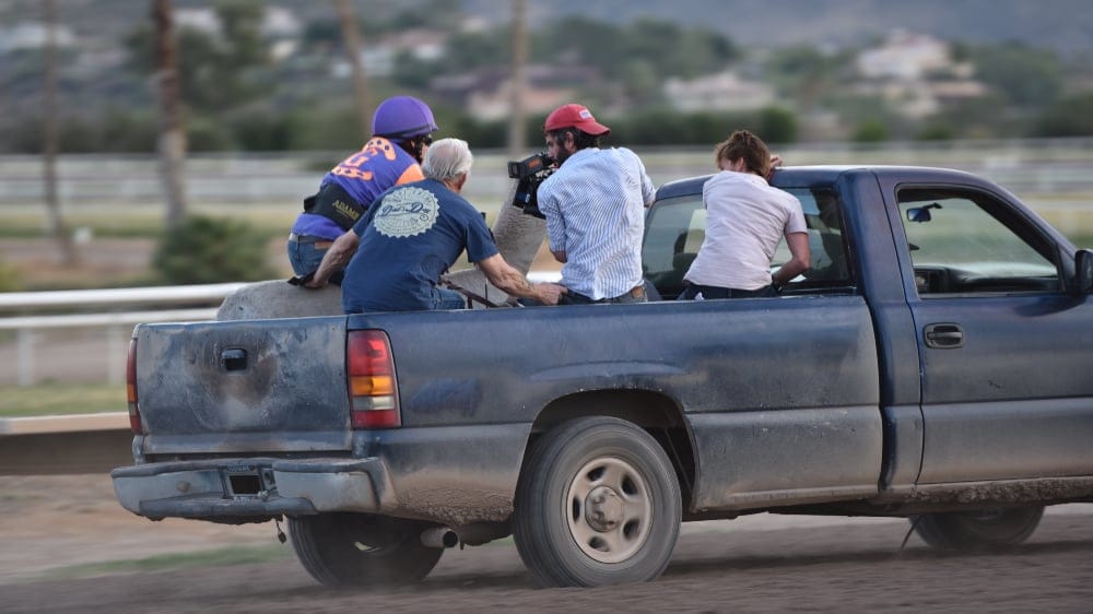 The Jockey crew filming Clifton Collins Jr from the back of a pickup truck