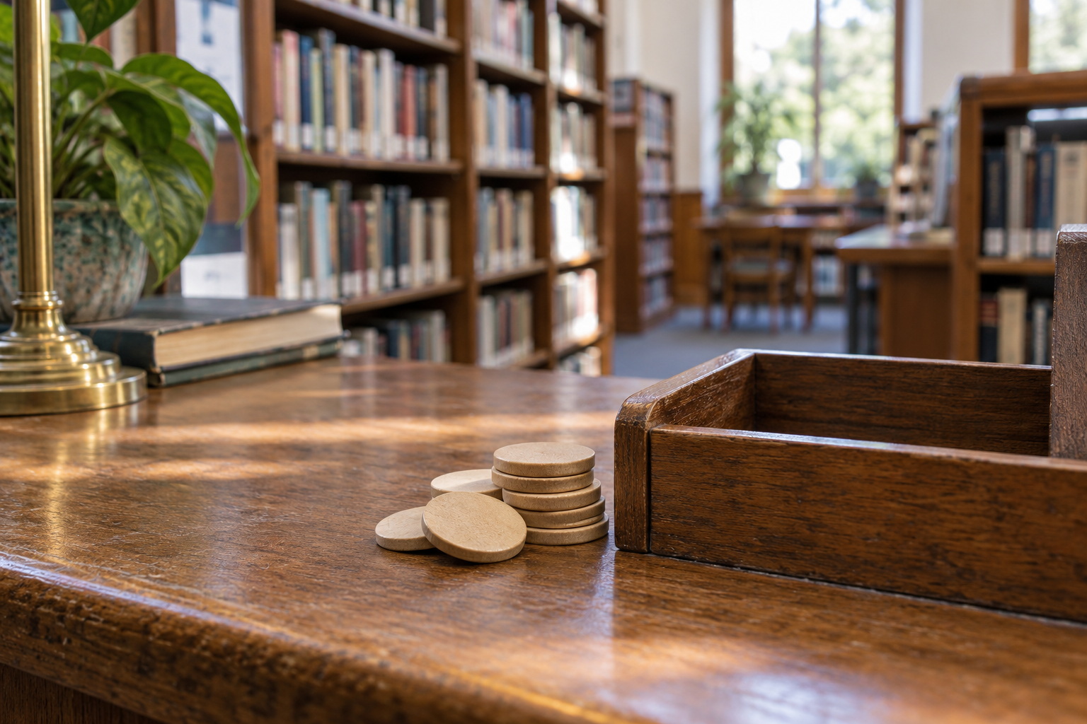 Wooden borrowing tokens beside an empty compartment on a library counter