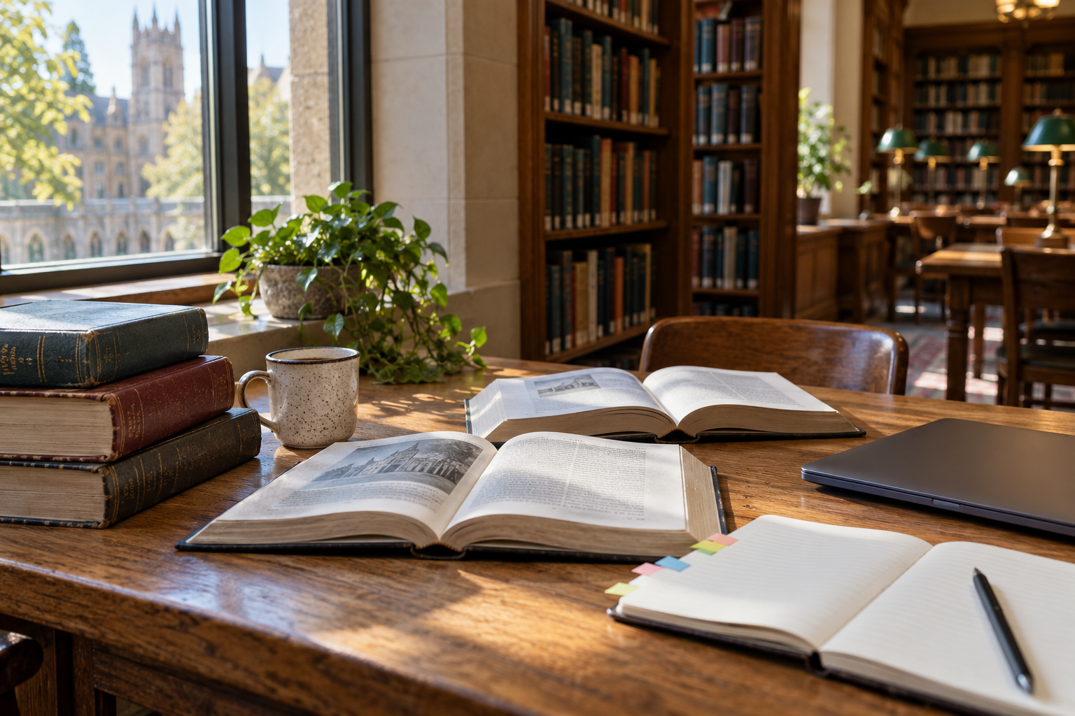 Open reference books, a notebook and a closed laptop on a sunlit library table