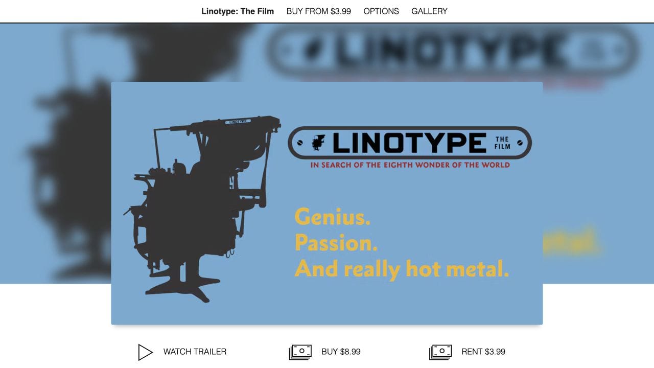 Linotype film page with its poster above separate Watch Trailer, Buy and Rent buttons