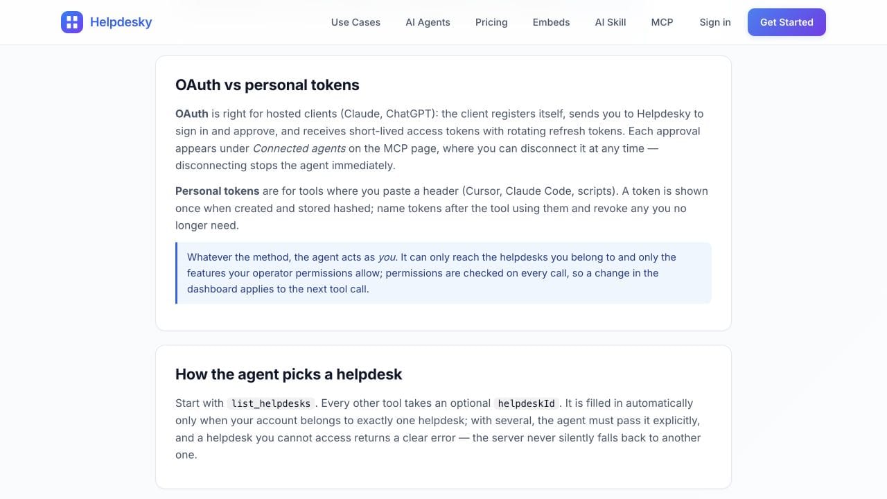 HelpDesky documentation describing connected operator permissions, token revocation and explicit helpdesk targeting