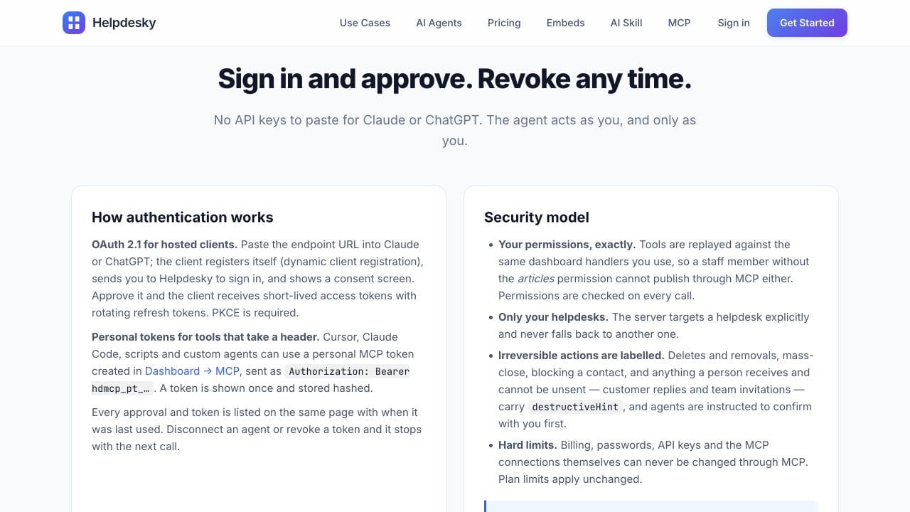HelpDesky documentation explaining OAuth, personal tokens and operator permission checks