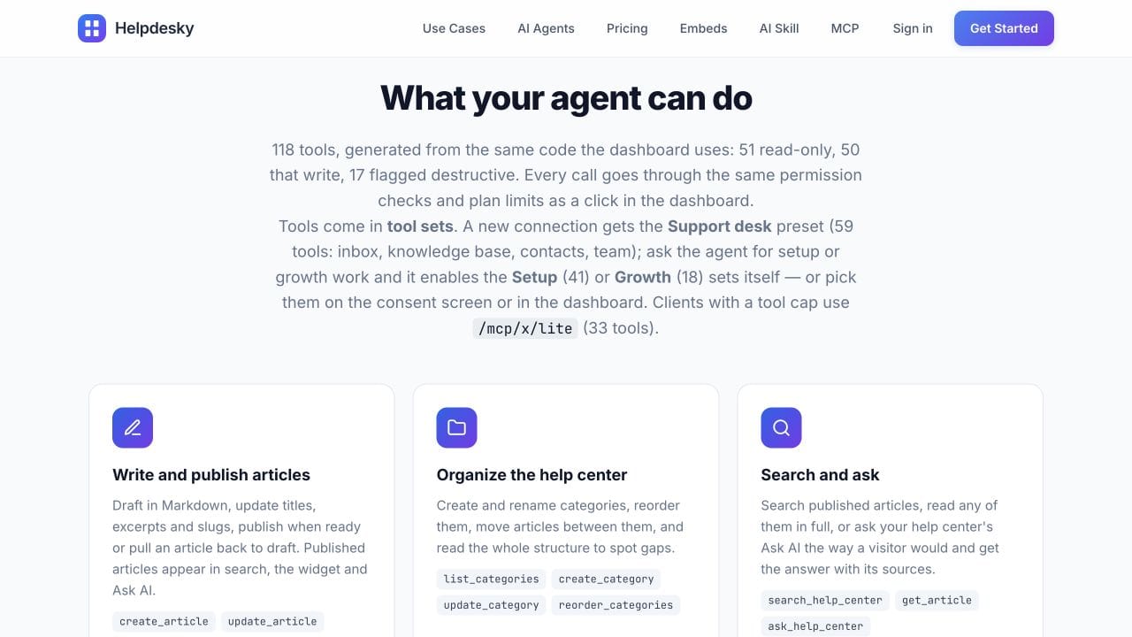 HelpDesky public MCP page showing article publishing, organisation and search capabilities
