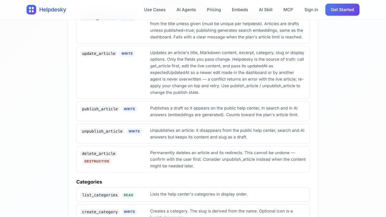 HelpDesky article tools showing update conflict protection, publishing, unpublishing and permanent deletion
