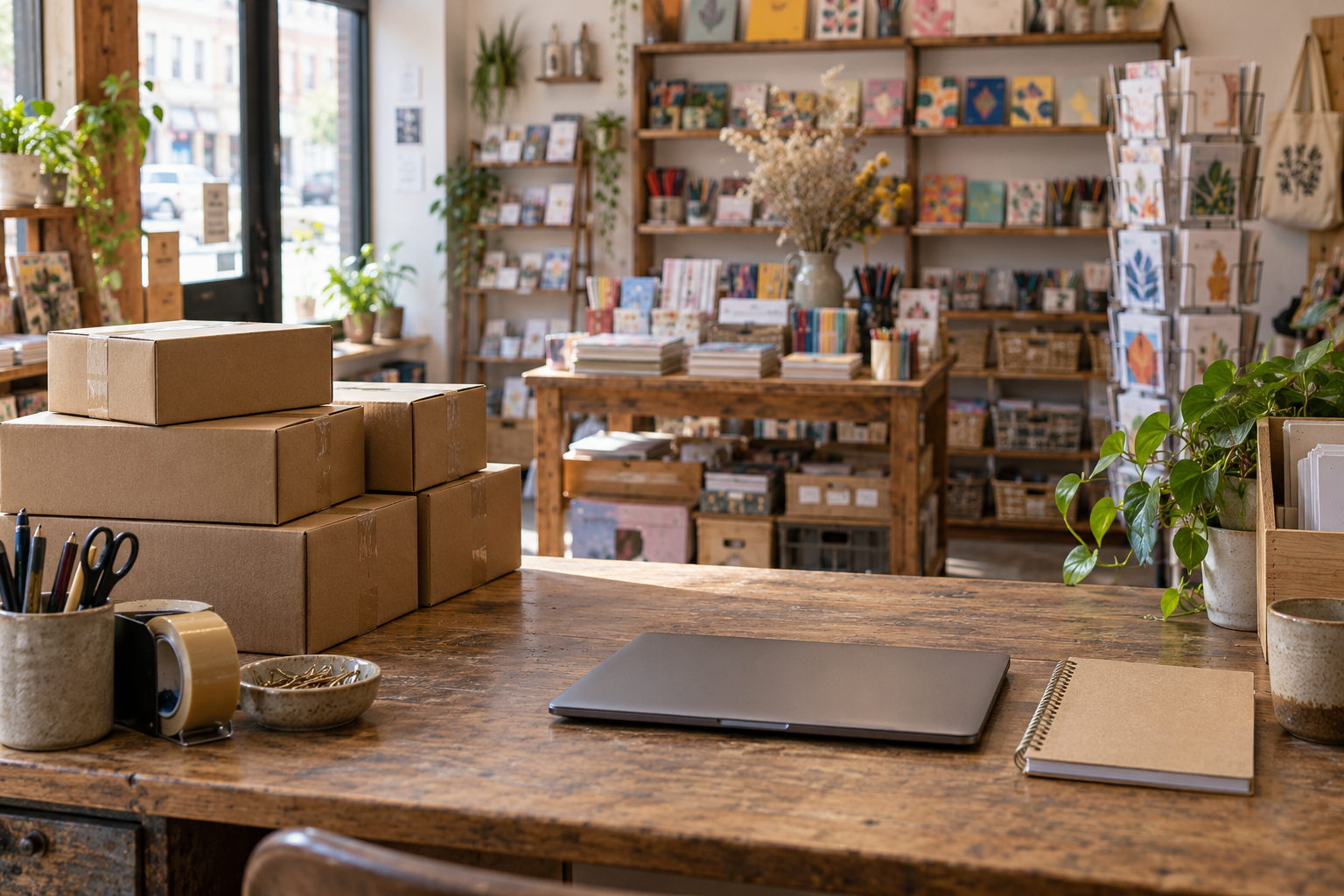 Parcel boxes and a closed laptop on a small stationery shop counter