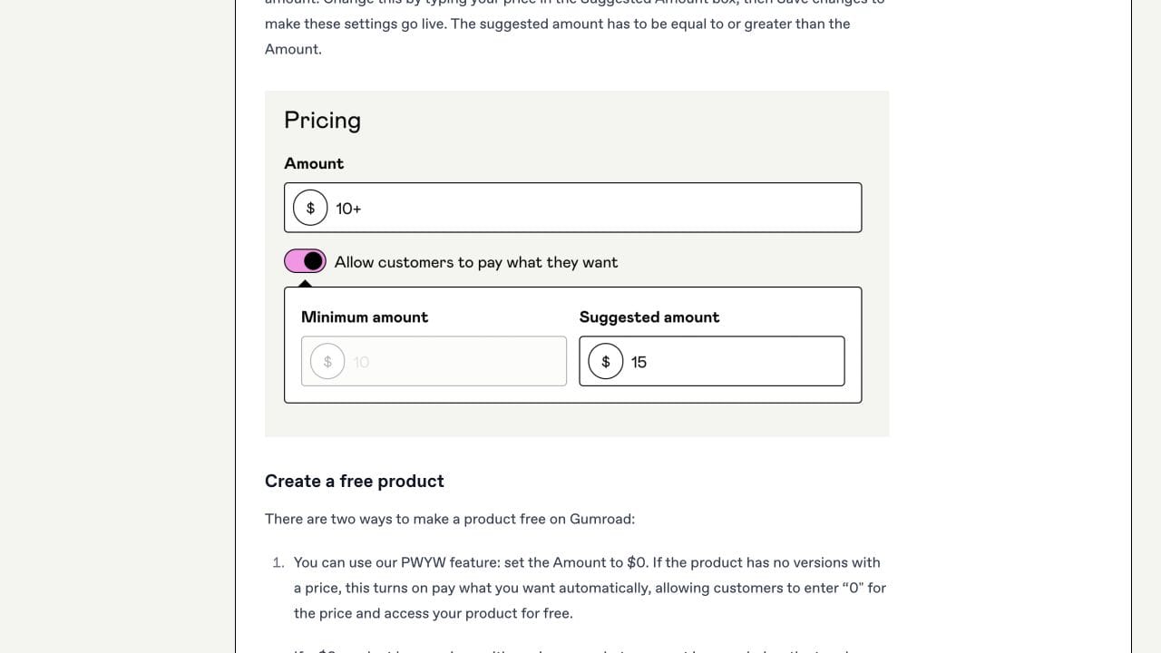 Gumroad help example showing a minimum amount of 10 and suggested amount of 15