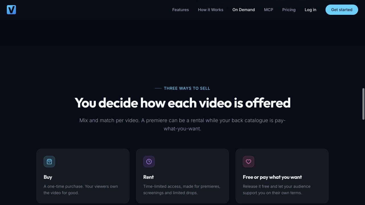 Vidreno On Demand page describing purchase, rental and optional audience support offers