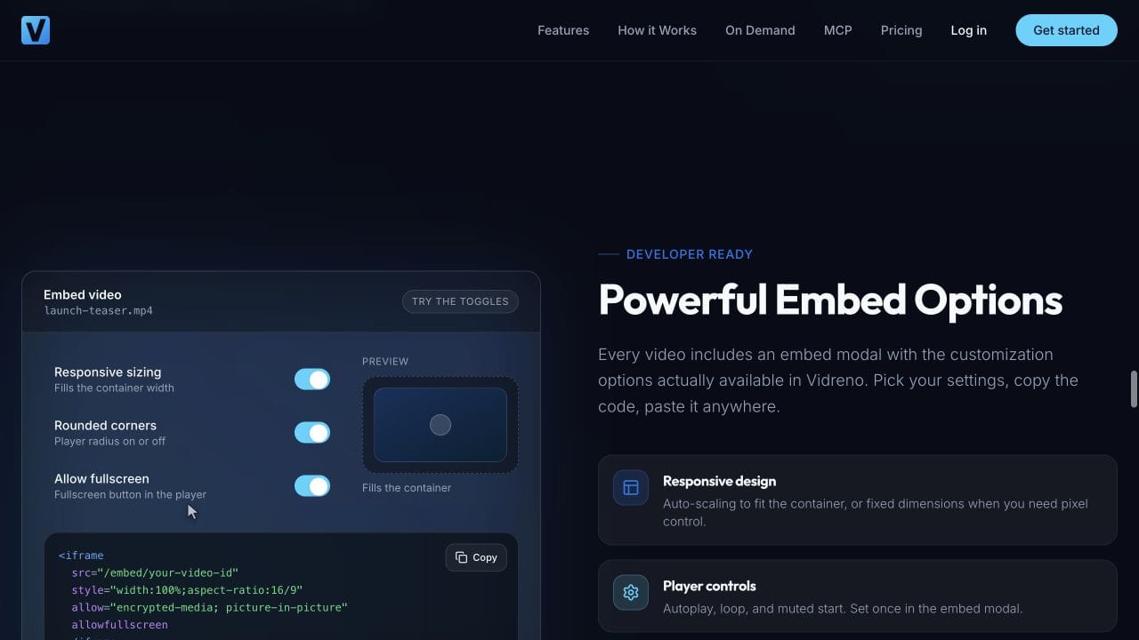 Vidreno homepage demonstration of responsive sizing, rounded corners and fullscreen embed options