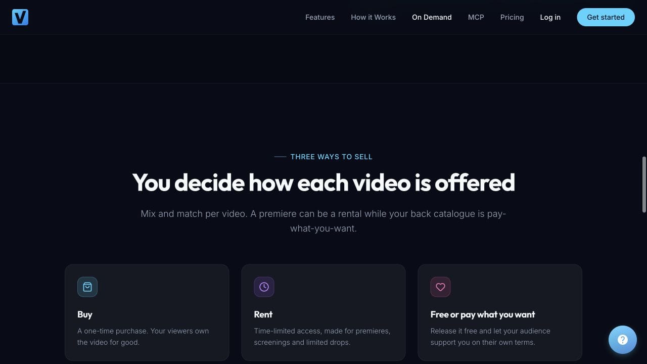 Vidreno On Demand page showing Buy, Rent and Free or pay what you want choices