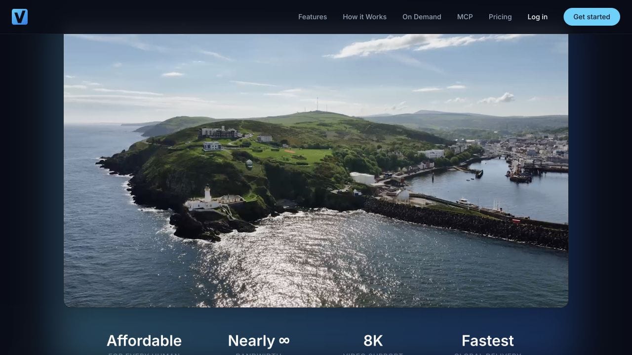 Actual Vidreno homepage player showing a coastal video and its playback controls