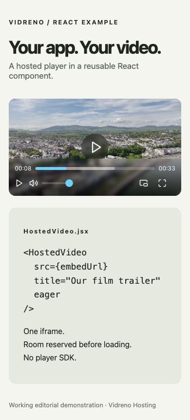 The React video component fitted within a 390 pixel viewport