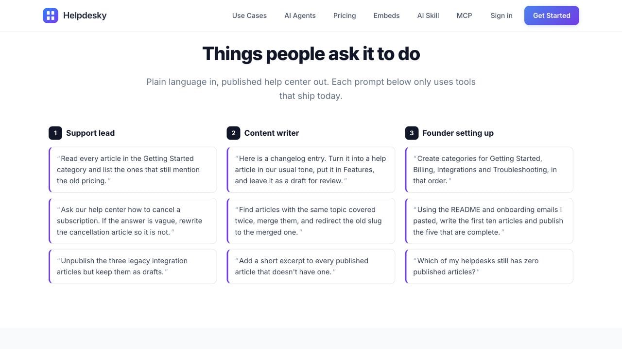 HelpDesky MCP examples showing a support lead checking outdated content and a content writer turning a changelog into a draft for review