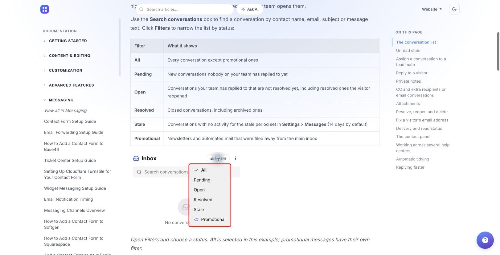 HelpDesky documentation showing inbox status definitions and the Filters menu