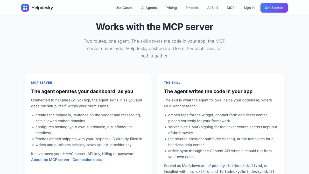 HelpDesky's comparison of MCP dashboard actions and the skill's application code responsibilities