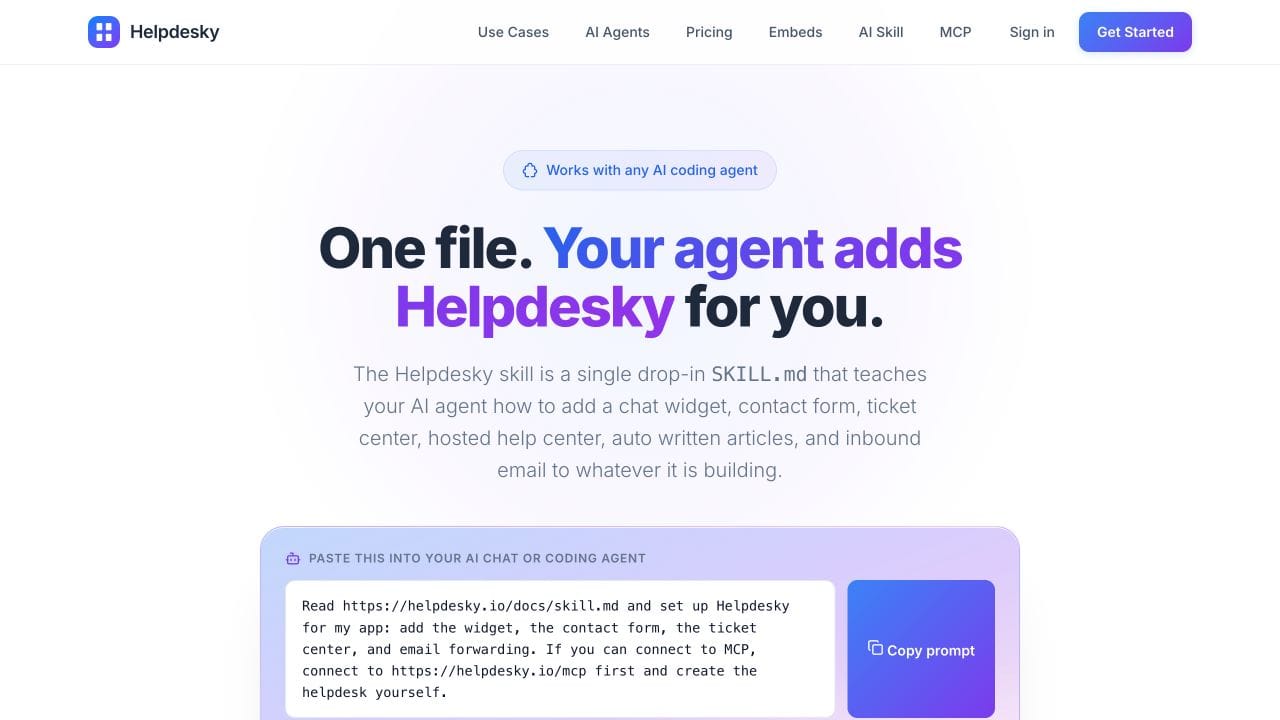 HelpDesky's public Agent Skill page describing support integration through a skill file