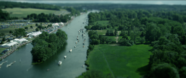 Rowers and spectators in the Henley sequence with selective focus creating a miniature appearance
