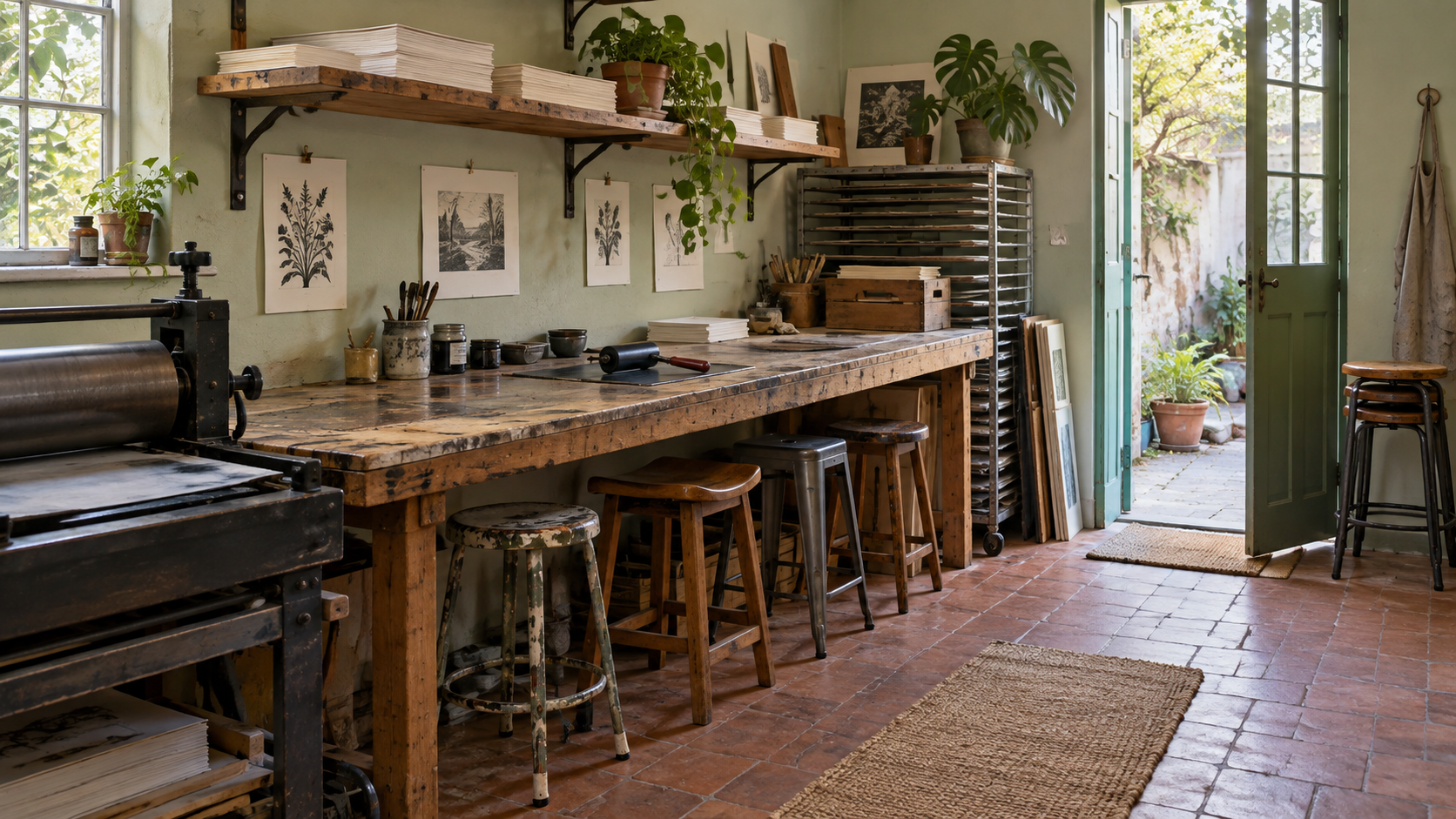 A printmaking studio with stools along a wooden workbench and spare stools beside an open door