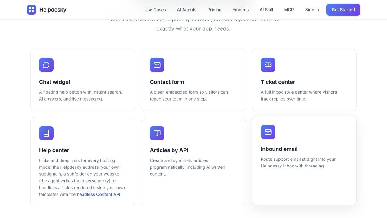HelpDesky skill overview listing the chat widget, contact form, ticket centre, help centre, article API and inbound email