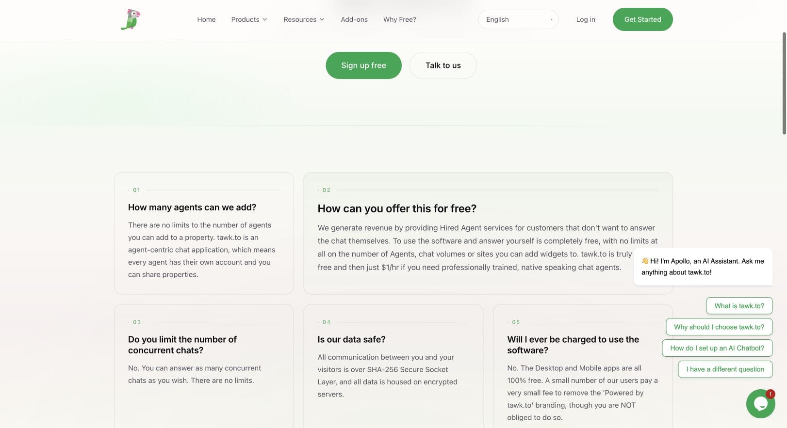 tawk.to FAQ explaining that there is no limit on agents added to a property