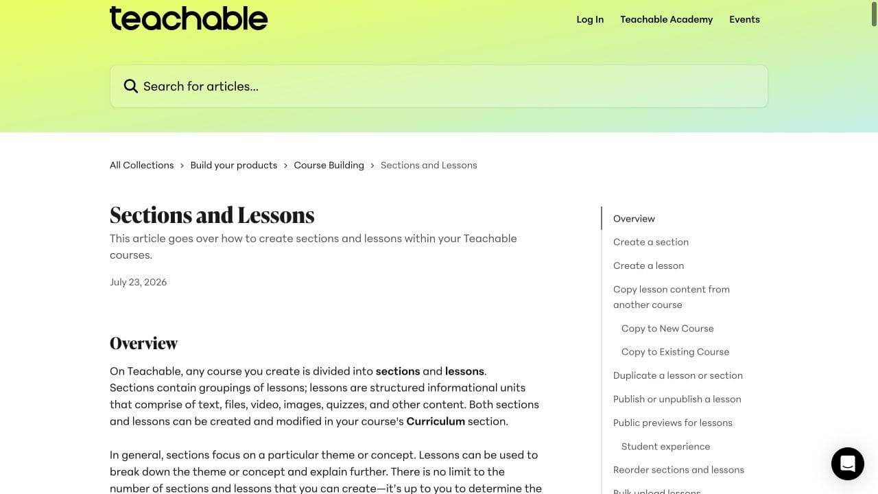 Teachable's help page explaining how sections group lessons containing video, text, files and quizzes