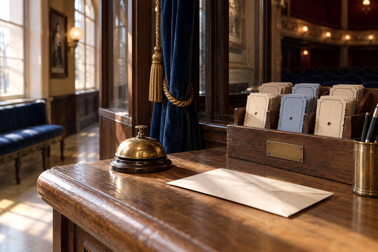 Service bell, enquiry envelope and paper tickets at a quiet theatre box office