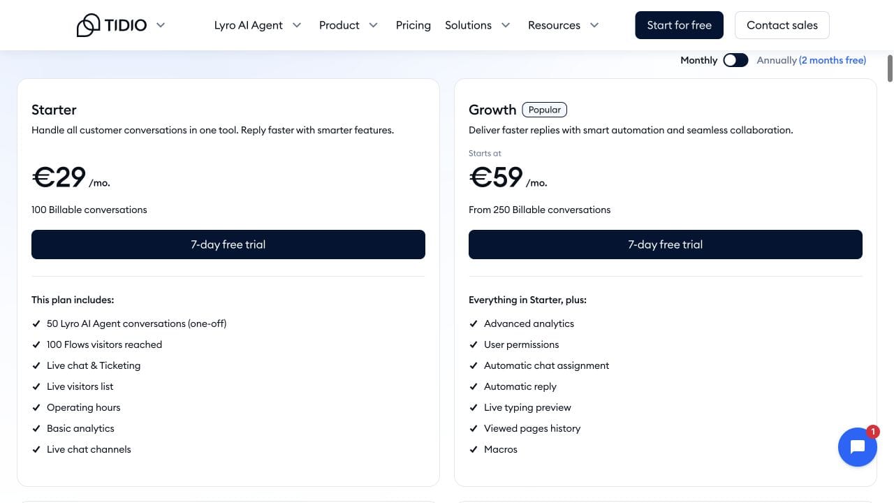 Tidio monthly plan comparison showing Starter and Growth conversation allowances
