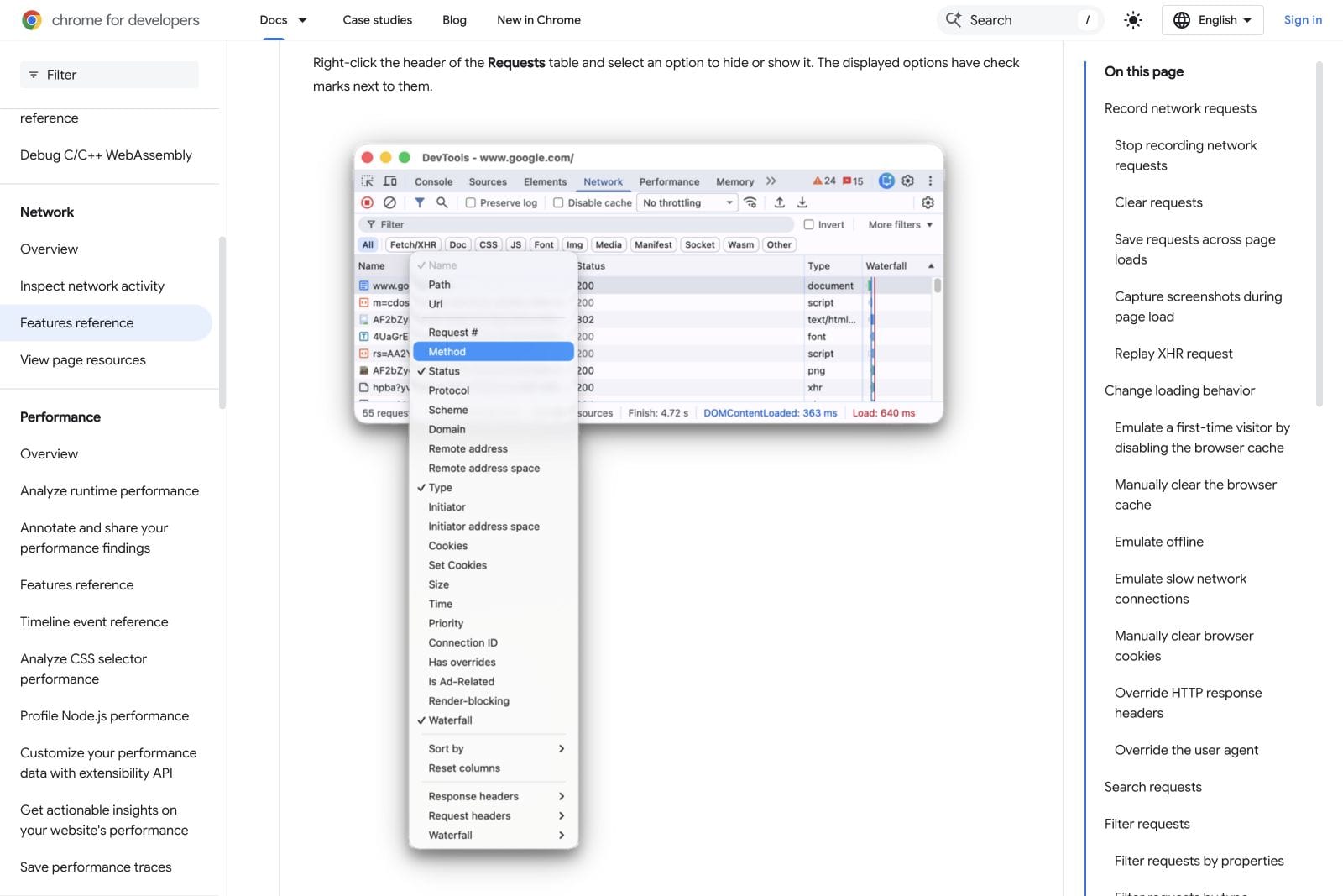 Chrome documentation showing the Network table column menu with Domain and URL options