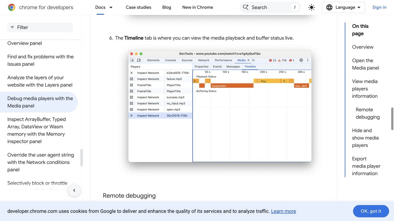 Chrome documentation showing the Media panel timeline with playback and buffering status