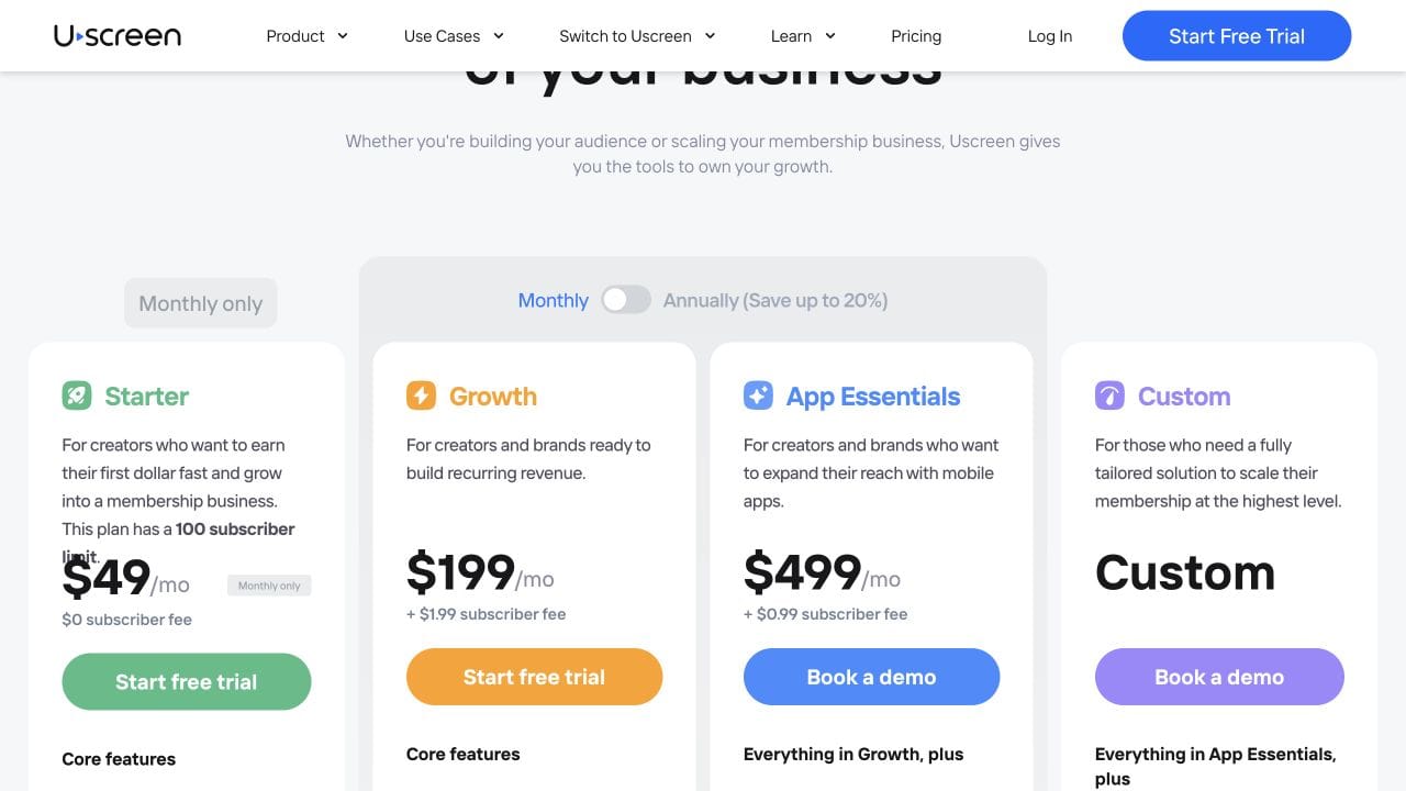 Uscreen Starter and Growth plan cards with monthly billing selected