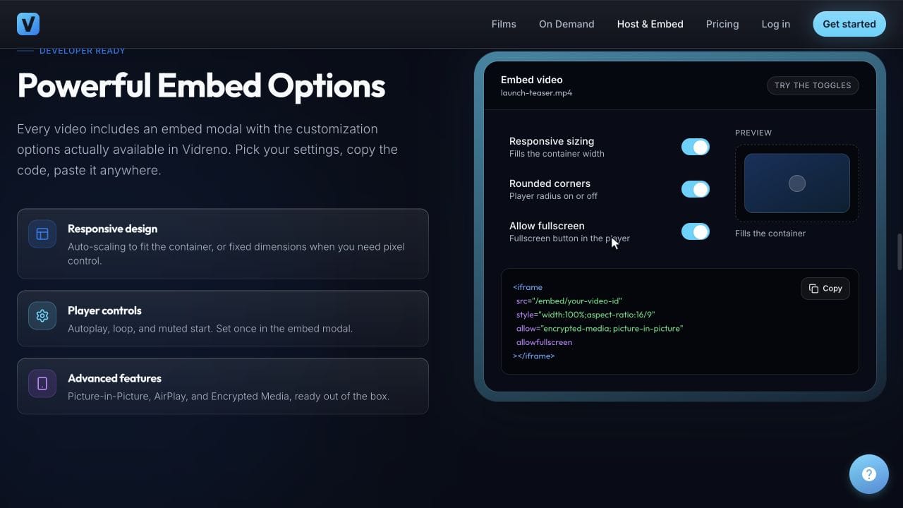 Vidreno's public embed options demonstration with sizing and fullscreen controls