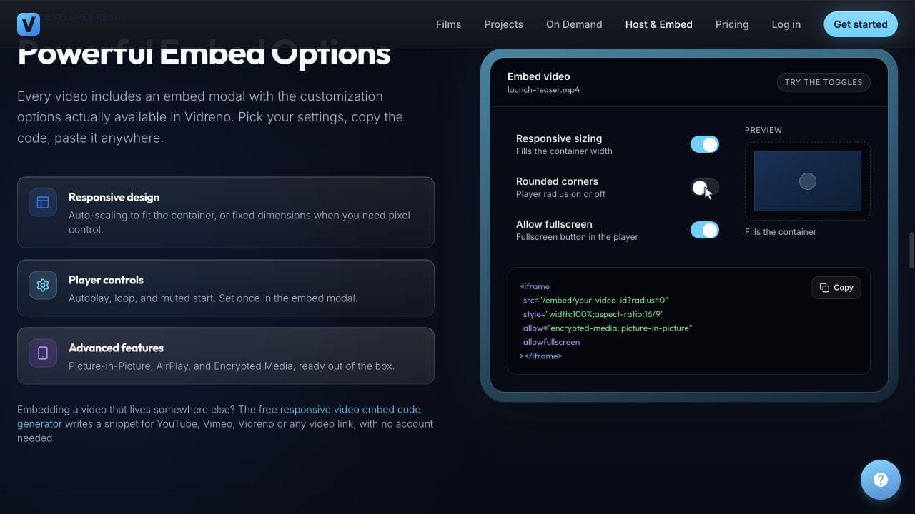 Vidreno embed illustration showing responsive sizing, rounded corners and fullscreen settings