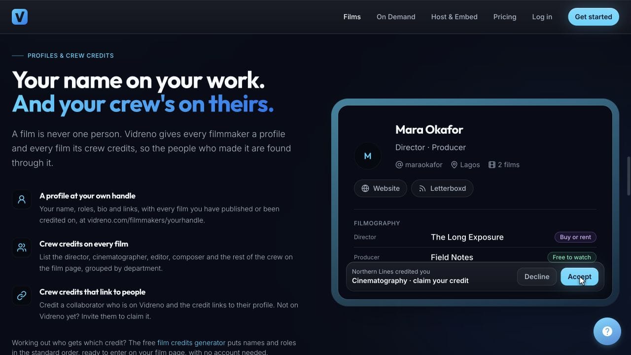 Vidreno's public demonstration of filmmaker profiles and linked crew credits