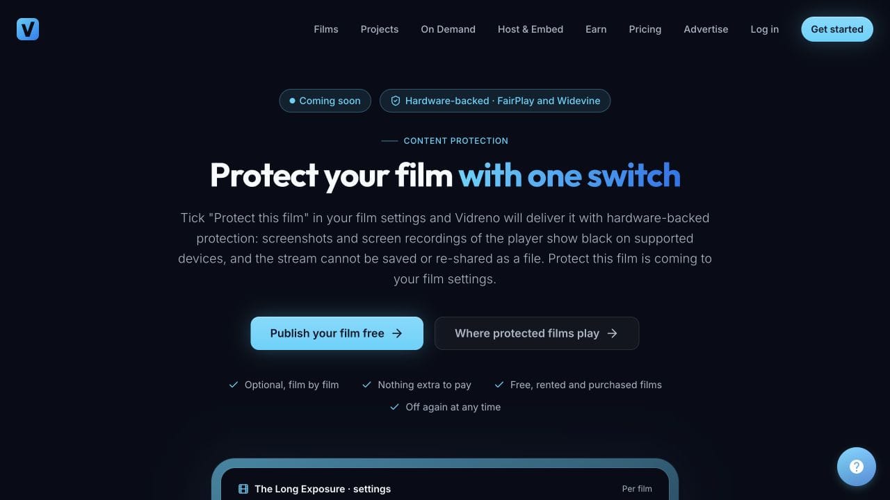 Vidreno film protection page labelled coming soon above its DRM announcement