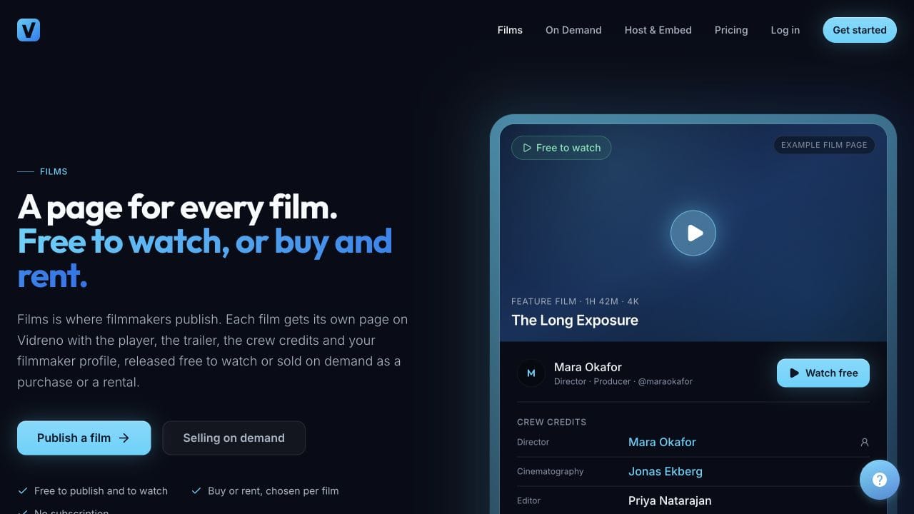 Vidreno's public illustration of a film page with viewing options and crew credits