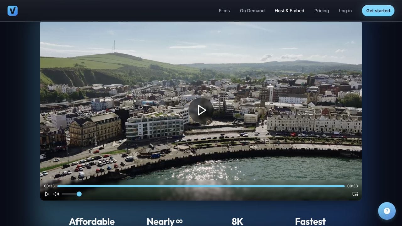 Vidreno's public Hosting demonstration player showing its controls around a harbour video