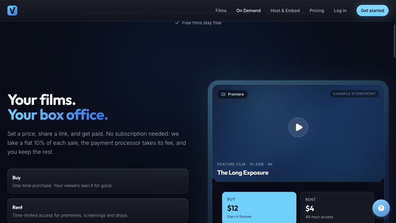 Vidreno's example film storefront beside its purchase and rental explanation and current selling fee