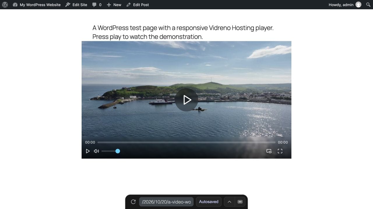 A responsive Vidreno player displayed in a real WordPress test post